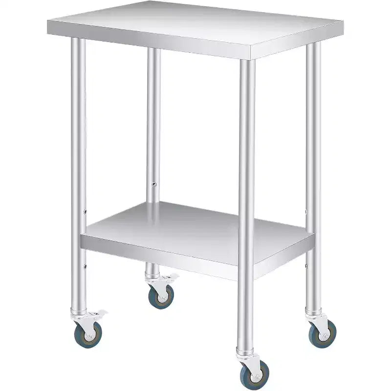 Table de travail en acier inoxydable avec roulettes verrouillables, table de préparation utilitaire en métal à 2 niveaux avec étagère inférieure réglable
