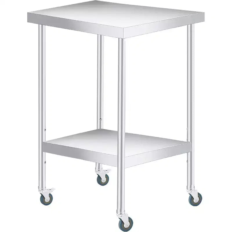 Table de travail en acier inoxydable avec roulettes verrouillables, table de préparation utilitaire en métal à 2 niveaux avec étagère inférieure réglable