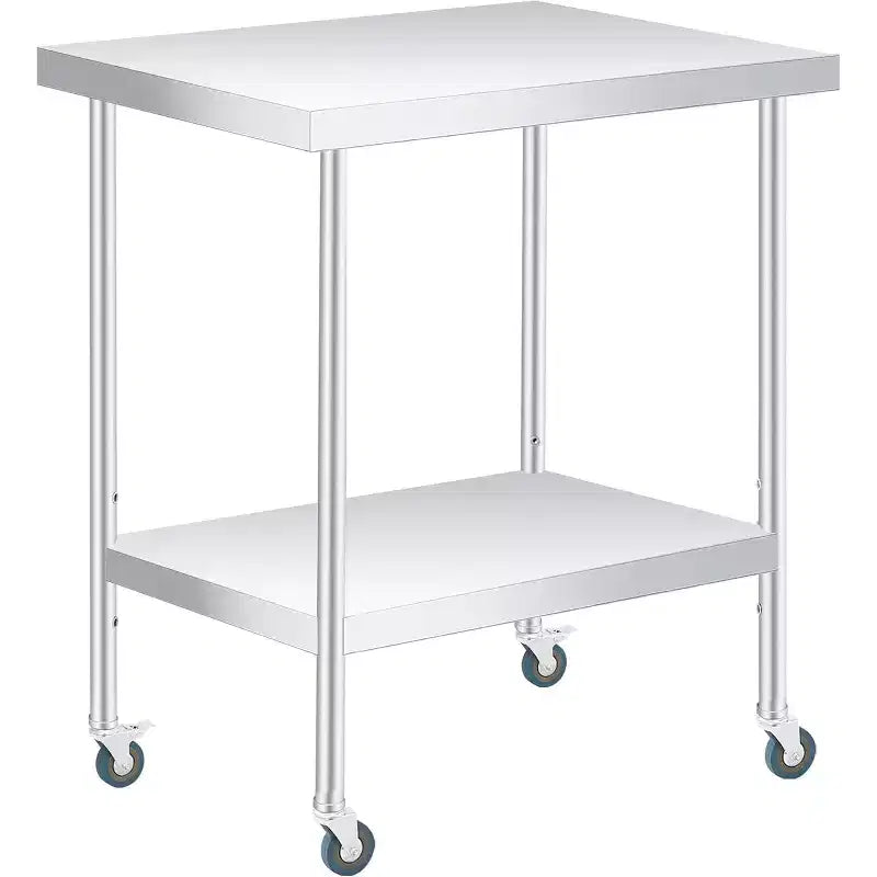 Table de travail en acier inoxydable avec roulettes verrouillables, table de préparation utilitaire en métal à 2 niveaux avec étagère inférieure réglable