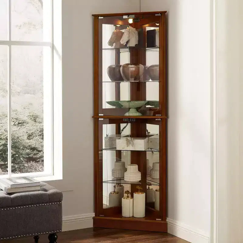 Vitrine d'angle avec 4 portes et étagères réglables en verre trempé