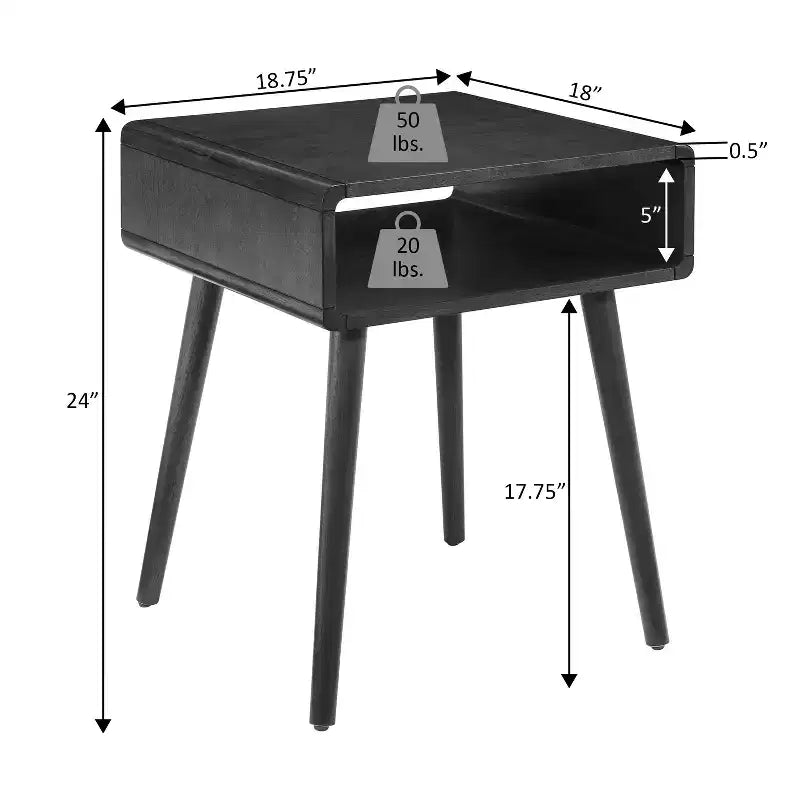 Table d'appoint avec étagère, Table d'appoint moderne du milieu du siècle avec niche ouverte, Bords incurvés et pieds fuselés