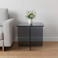 Table d'appoint carrée 40 cm en verre noir fumé avec pieds croisés