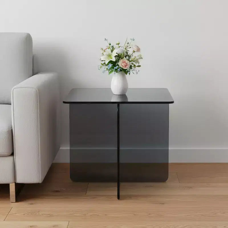 Table d'appoint carrée 40 cm en verre noir fumé avec pieds croisés
