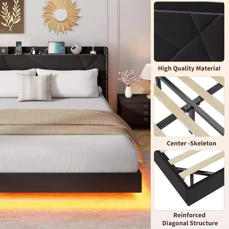 Cadre de lit plateforme rembourré avec lumières LED et tête de lit de rangement