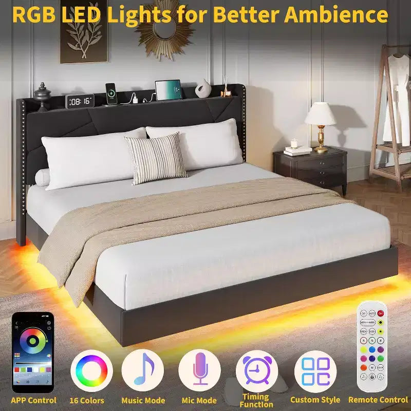 Cadre de lit plateforme rembourré avec lumières LED et tête de lit de rangement