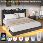 Cadre de lit plateforme rembourré avec lumières LED et tête de lit de rangement