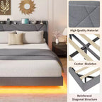 Cadre de lit plateforme rembourré avec lumières LED et tête de lit de rangement