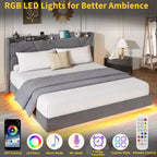 Cadre de lit plateforme rembourré avec lumières LED et tête de lit de rangement