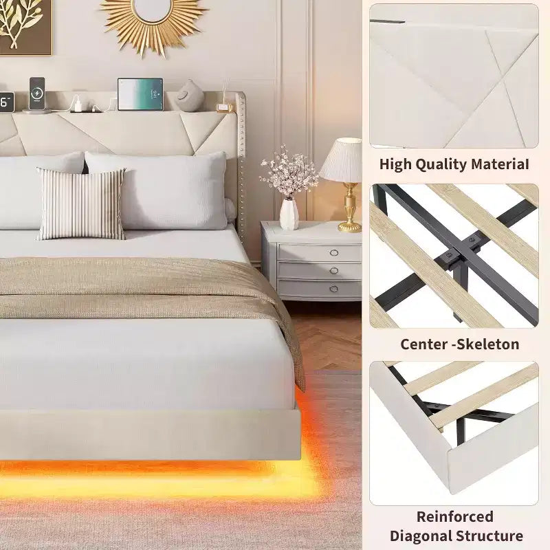 Cadre de lit plateforme rembourré avec lumières LED et tête de lit de rangement