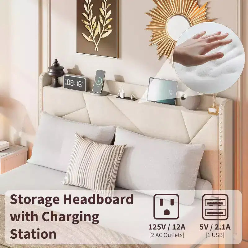 Cadre de lit plateforme rembourré avec lumières LED et tête de lit de rangement