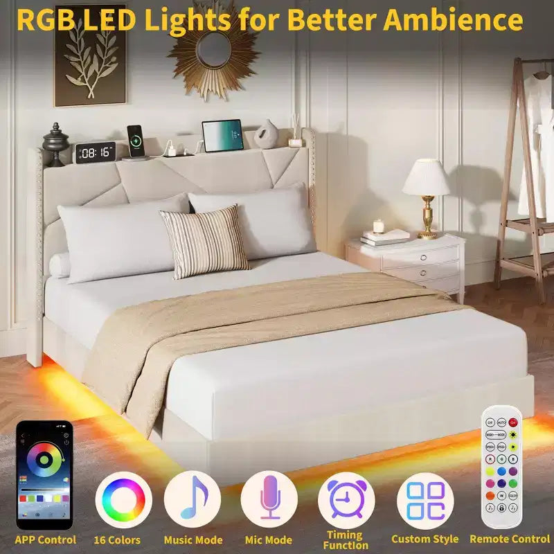 Cadre de lit plateforme rembourré avec lumières LED et tête de lit de rangement