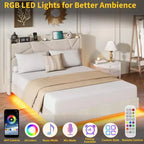 Cadre de lit plateforme rembourré avec lumières LED et tête de lit de rangement