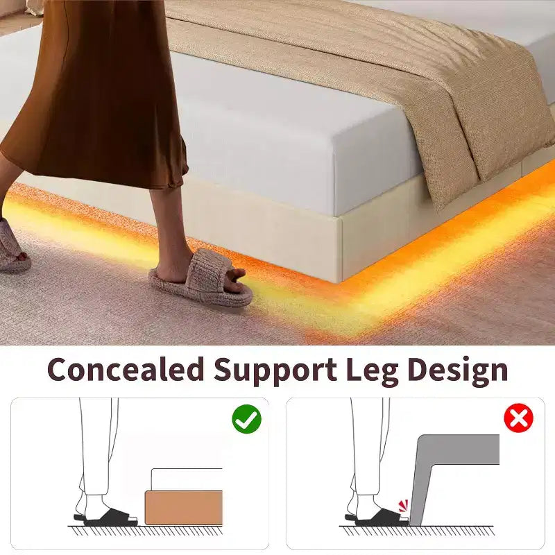 Cadre de lit plateforme rembourré avec lumières LED et tête de lit de rangement