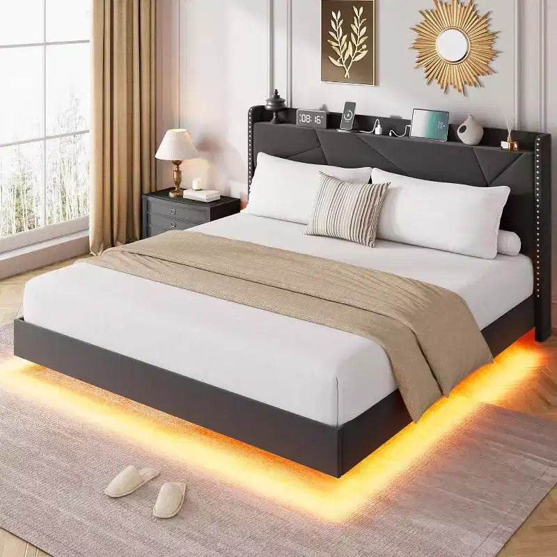 Cadre de lit plateforme rembourré avec lumières LED et tête de lit de rangement