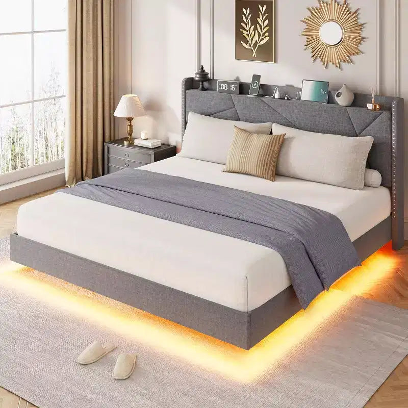 Cadre de lit plateforme rembourré avec lumières LED et tête de lit de rangement