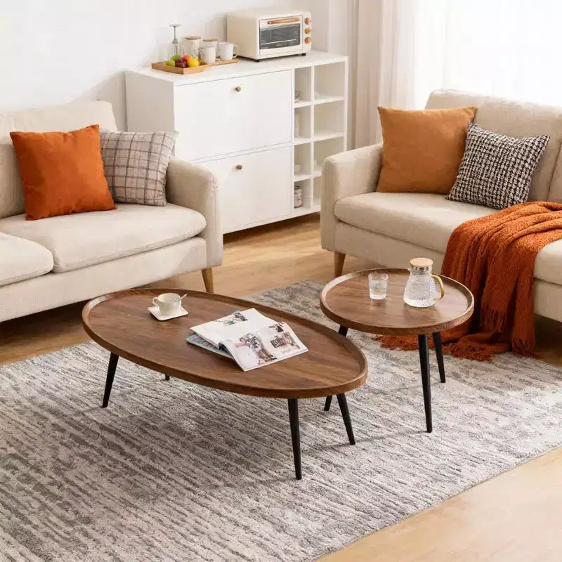 Tables basses gigognes (lot de 2), Plateau ovale en bois avec pieds en métal, pour Salon et Chambre