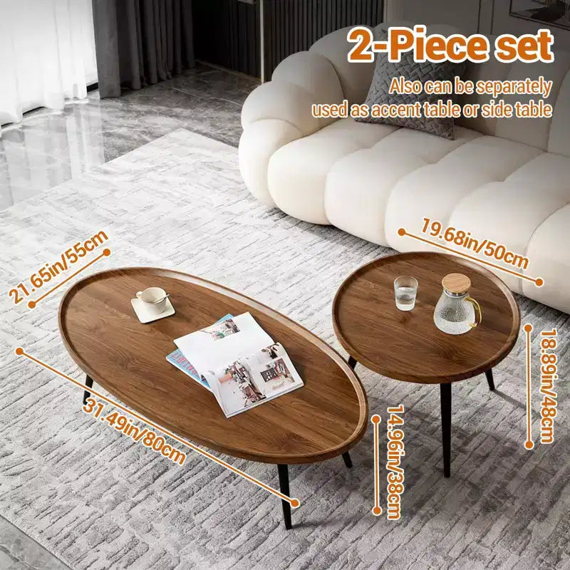 Tables basses gigognes (lot de 2), Plateau ovale en bois avec pieds en métal, pour Salon et Chambre
