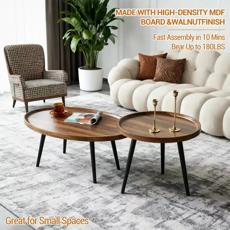 Tables basses gigognes (lot de 2), Plateau ovale en bois avec pieds en métal, pour Salon et Chambre