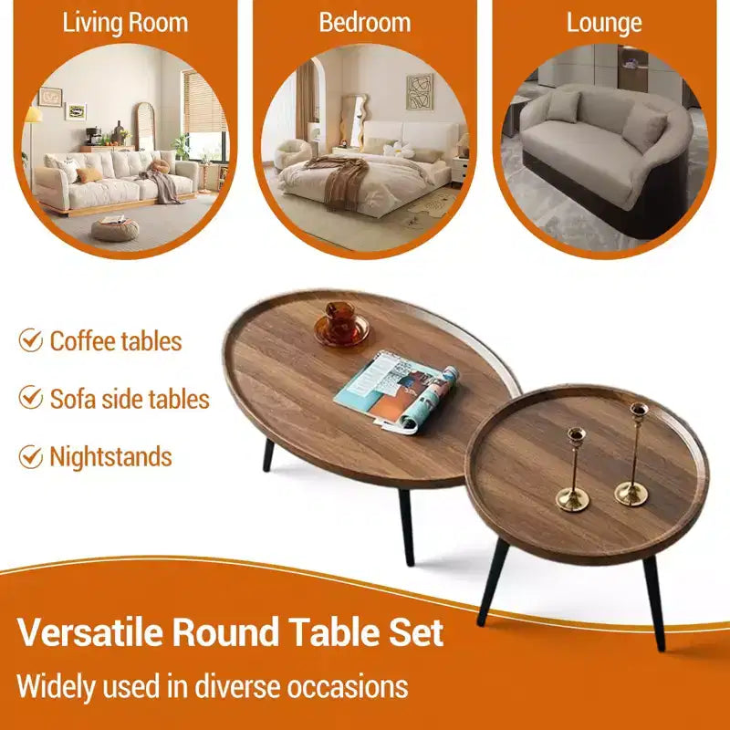 Tables basses gigognes (lot de 2), Plateau ovale en bois avec pieds en métal, pour Salon et Chambre