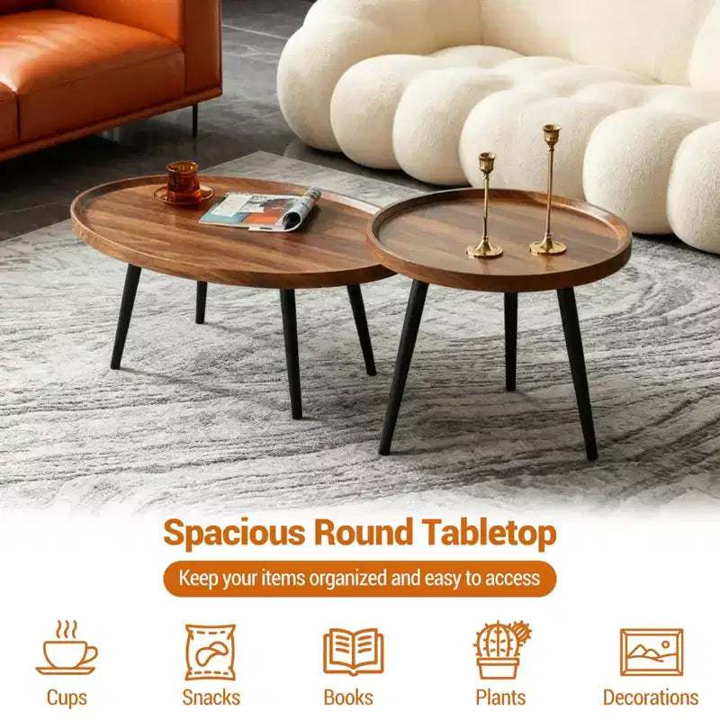 Tables basses gigognes (lot de 2), Plateau ovale en bois avec pieds en métal, pour Salon et Chambre