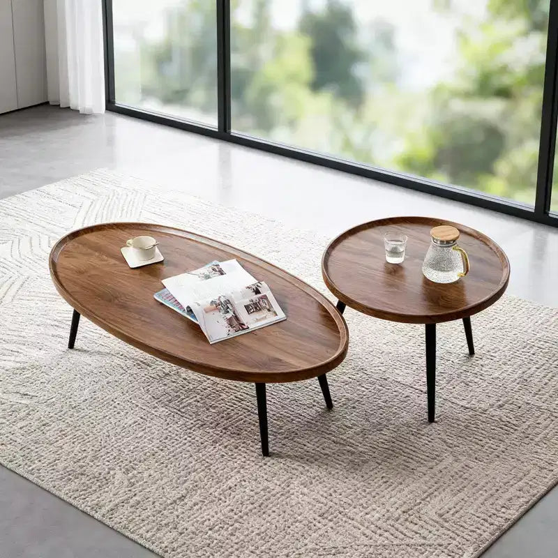 Tables basses gigognes (lot de 2), Plateau ovale en bois avec pieds en métal, pour Salon et Chambre