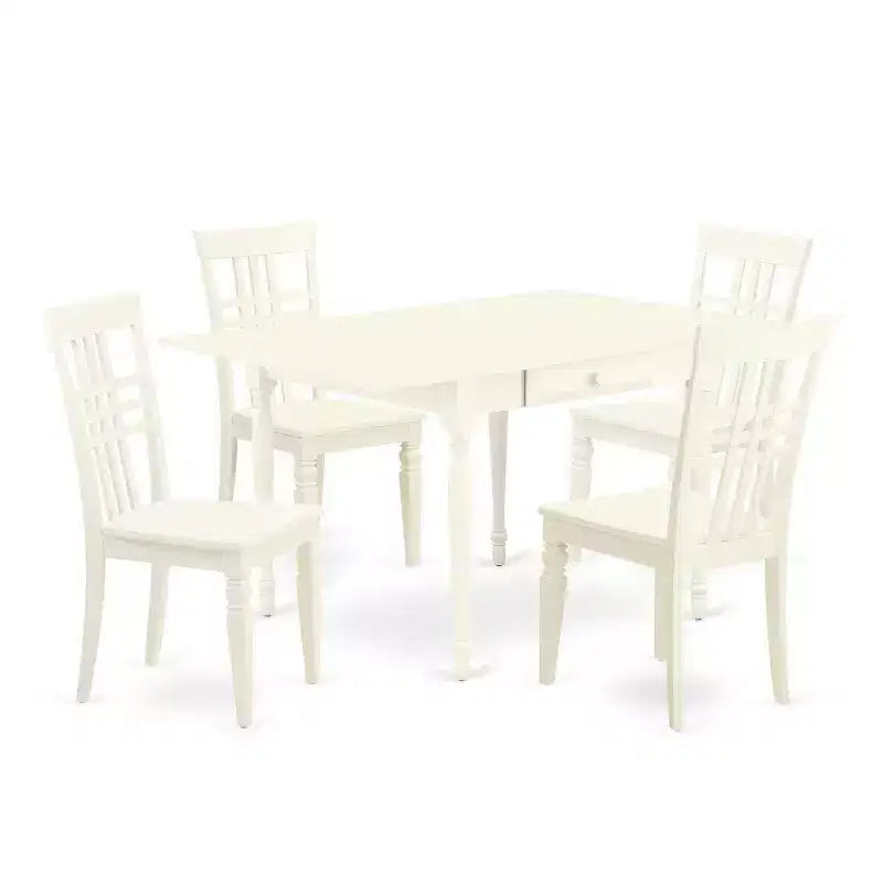 5-Piece Linen White Finish Solid Wood Top - Dining Room Set - Seats 4