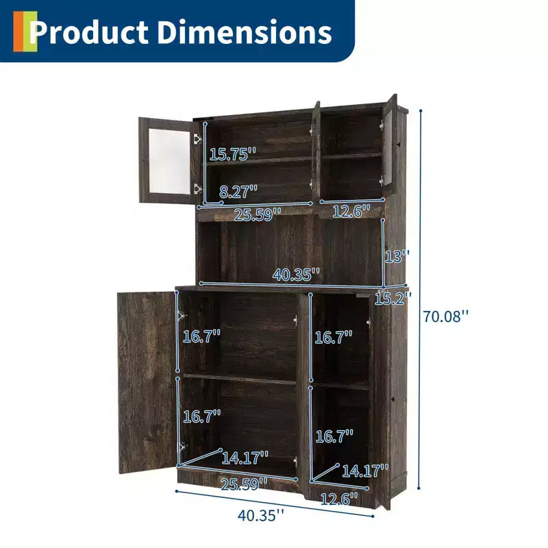 Meuble de rangement de cuisine de 178 cm marron style ferme avec station de recharge, étagères réglables et plan de travail pour bar à café
