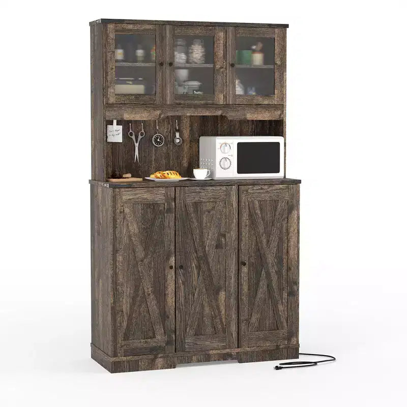 Meuble de rangement de cuisine de 178 cm marron style ferme avec station de recharge, étagères réglables et plan de travail pour bar à café