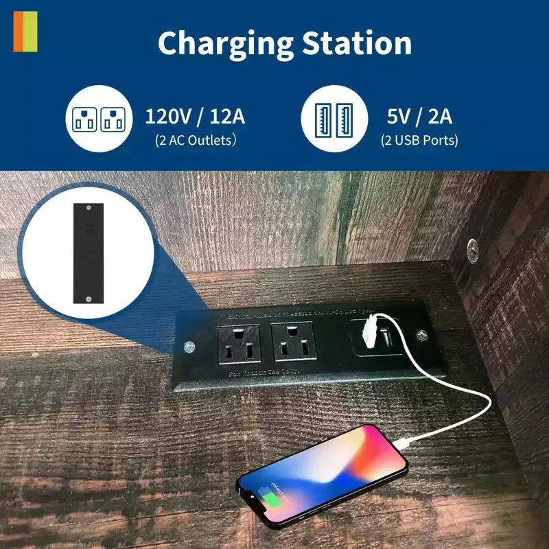 Meuble de rangement de cuisine de 178 cm marron style ferme avec station de recharge, étagères réglables et plan de travail pour bar à café