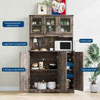 Meuble de rangement de cuisine de 178 cm marron style ferme avec station de recharge, étagères réglables et plan de travail pour bar à café