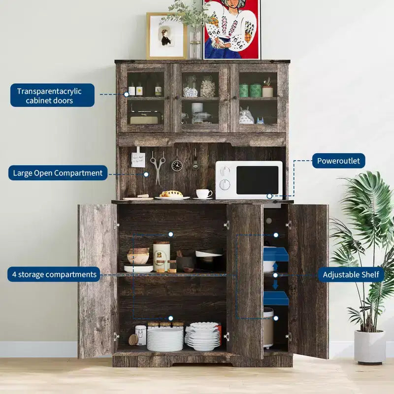 Meuble de rangement de cuisine de 178 cm marron style ferme avec station de recharge, étagères réglables et plan de travail pour bar à café