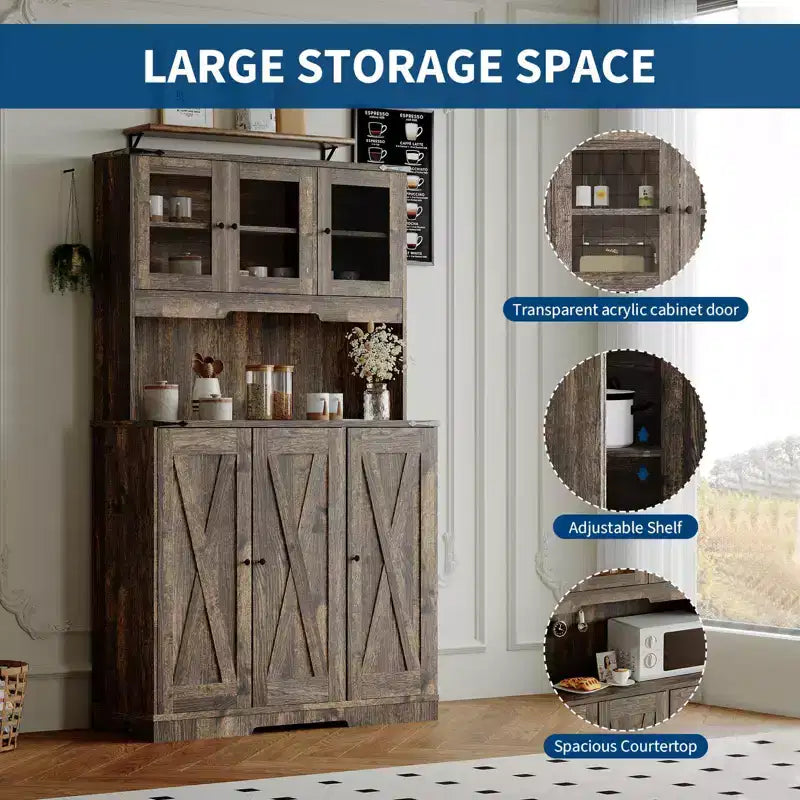 Meuble de rangement de cuisine de 178 cm marron style ferme avec station de recharge, étagères réglables et plan de travail pour bar à café