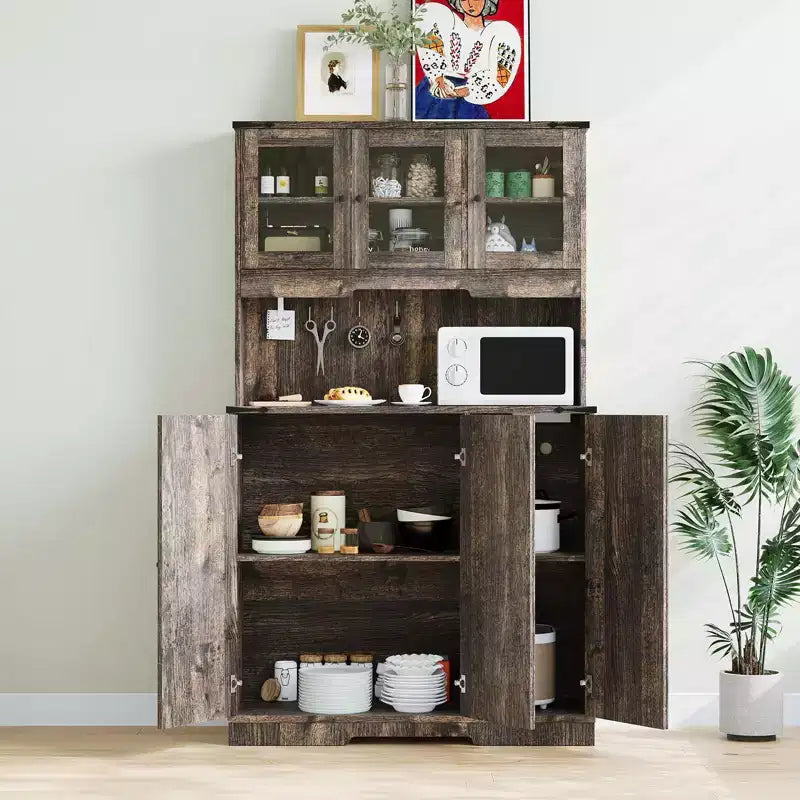 Meuble de rangement de cuisine de 178 cm marron style ferme avec station de recharge, étagères réglables et plan de travail pour bar à café