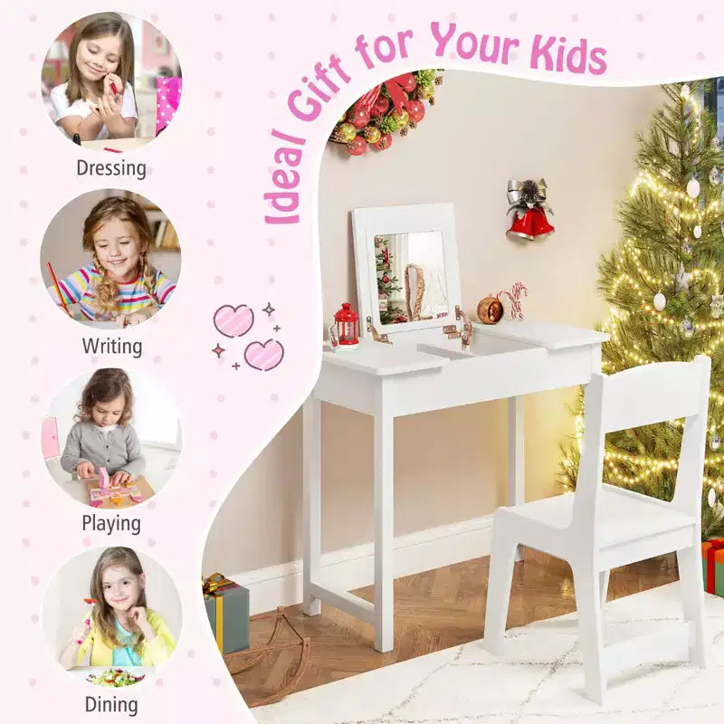 Coiffeuse pour enfants avec chaise, coiffeuse 2-en-1 avec miroir et plateau rabattable