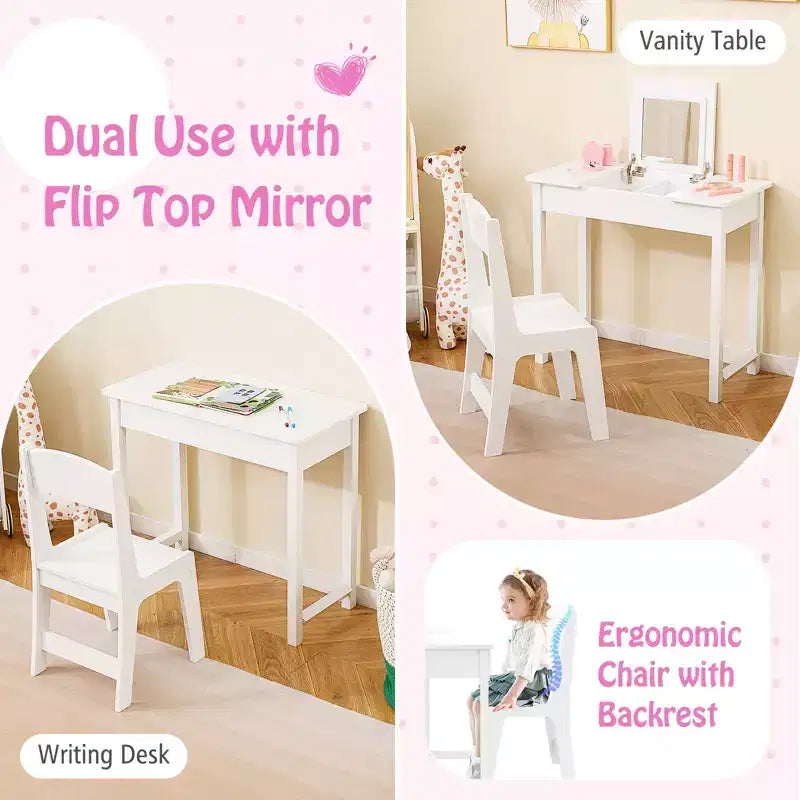 Coiffeuse pour enfants avec chaise, coiffeuse 2-en-1 avec miroir et plateau rabattable
