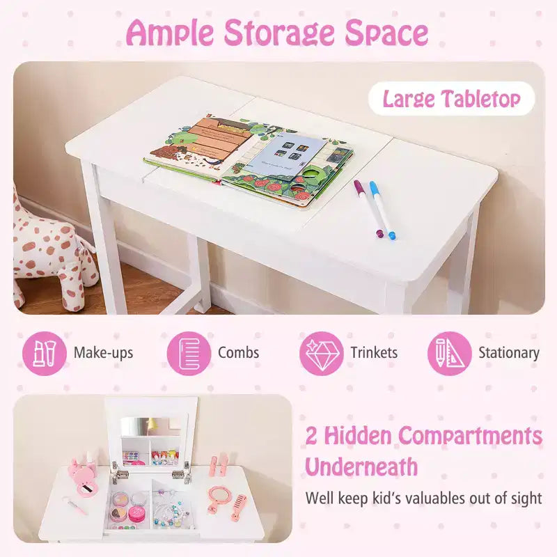 Coiffeuse pour enfants avec chaise, coiffeuse 2-en-1 avec miroir et plateau rabattable