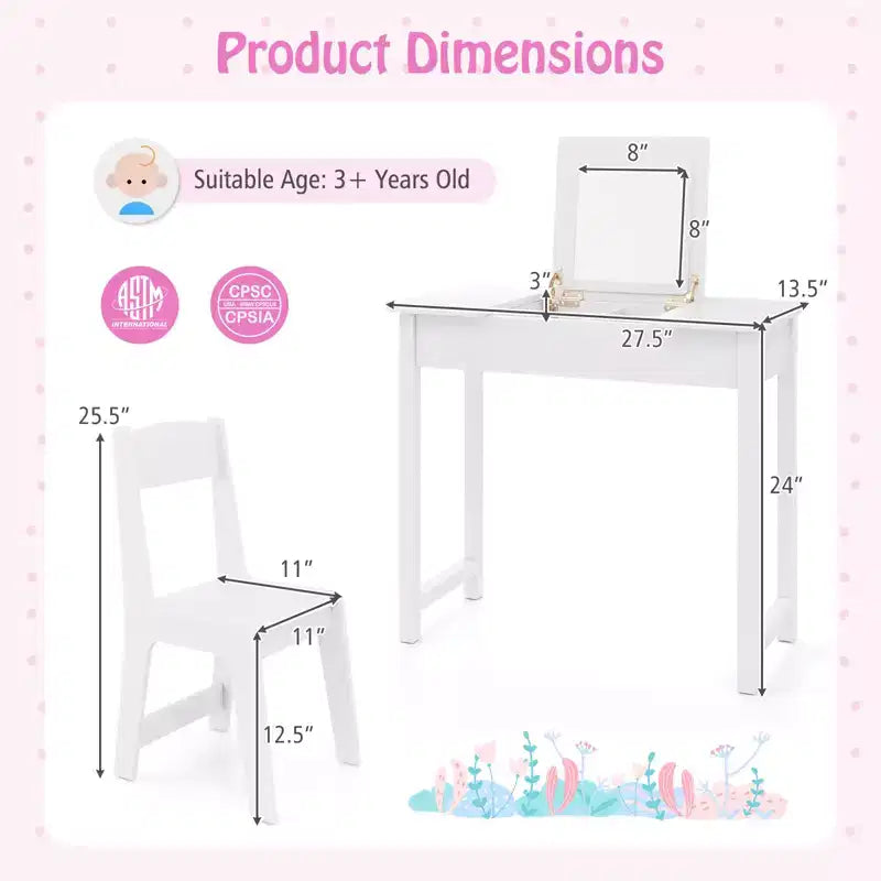 Coiffeuse pour enfants avec chaise, coiffeuse 2-en-1 avec miroir et plateau rabattable