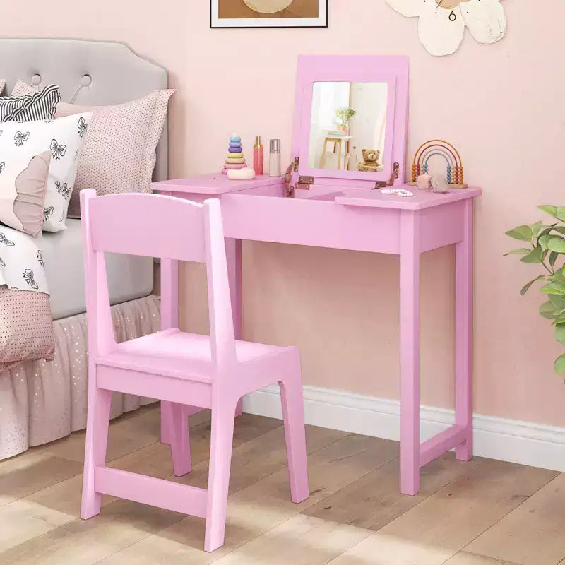 Coiffeuse pour enfants avec chaise, coiffeuse 2-en-1 avec miroir et plateau rabattable