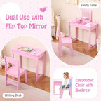 Coiffeuse pour enfants avec chaise, coiffeuse 2-en-1 avec miroir et plateau rabattable