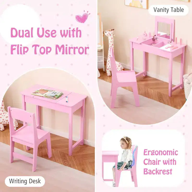 Coiffeuse pour enfants avec chaise, coiffeuse 2-en-1 avec miroir et plateau rabattable
