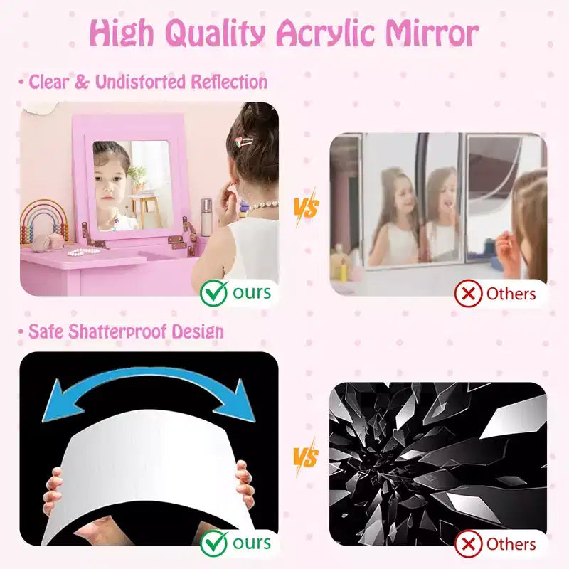 Coiffeuse pour enfants avec chaise, coiffeuse 2-en-1 avec miroir et plateau rabattable