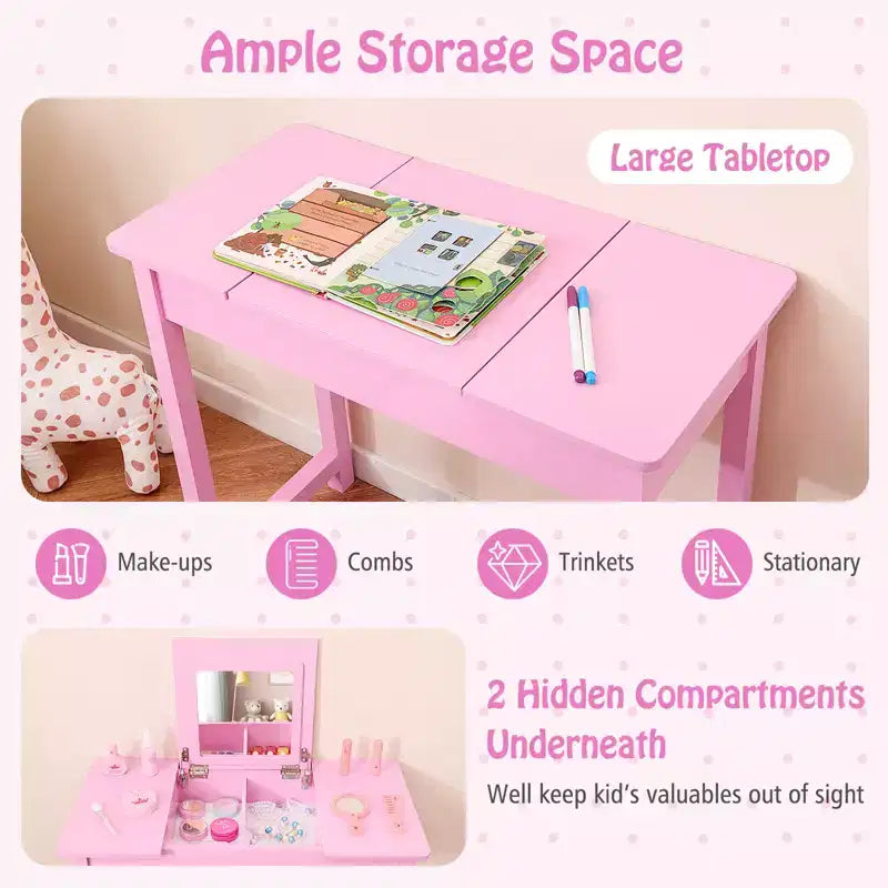 Coiffeuse pour enfants avec chaise, coiffeuse 2-en-1 avec miroir et plateau rabattable