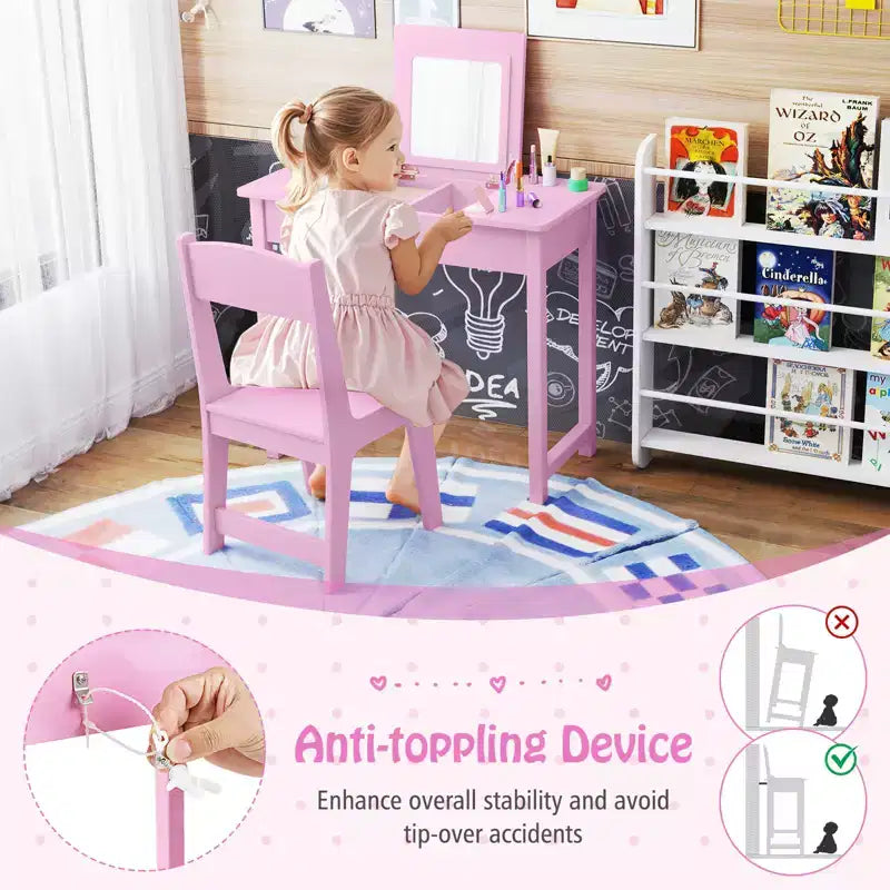 Coiffeuse pour enfants avec chaise, coiffeuse 2-en-1 avec miroir et plateau rabattable