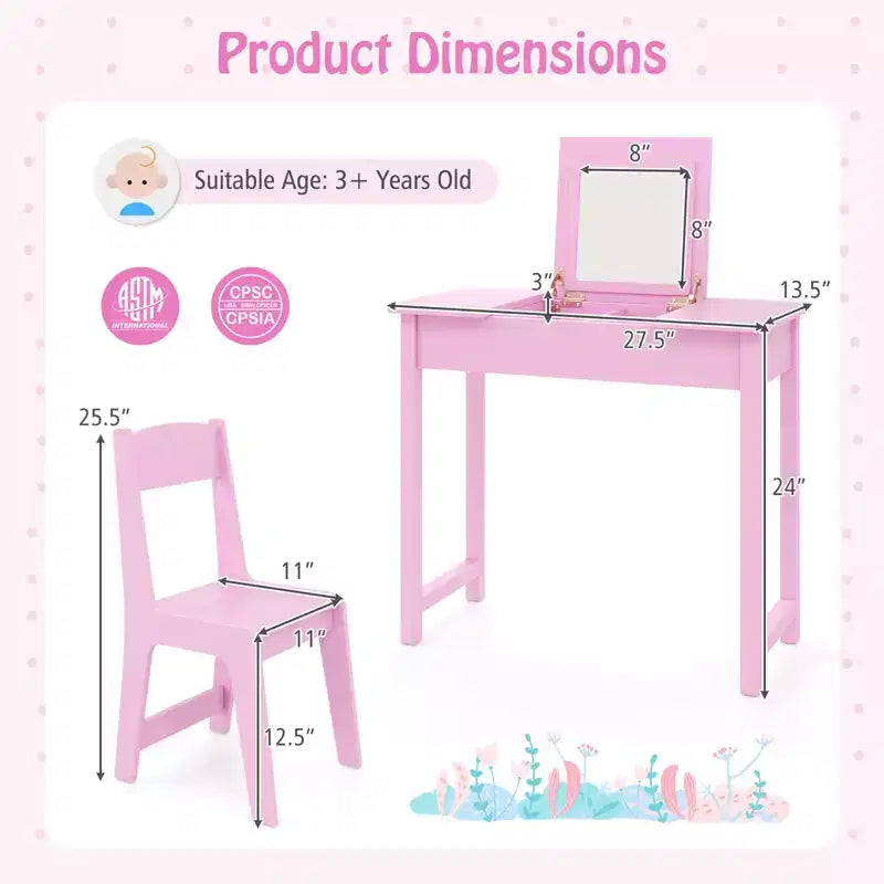 Coiffeuse pour enfants avec chaise, coiffeuse 2-en-1 avec miroir et plateau rabattable