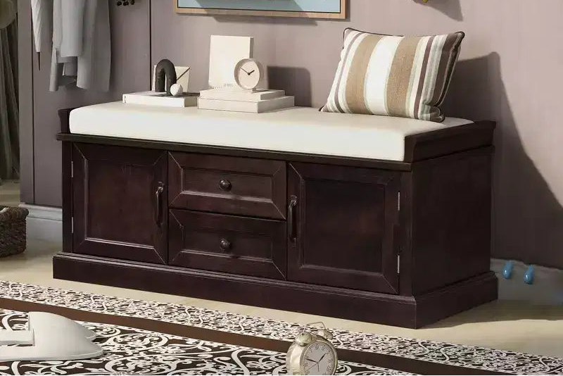 Banc de rangement avec tiroirs, armoires et coussin amovible