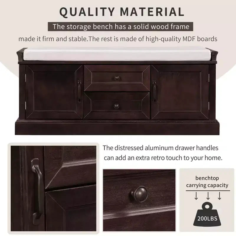 Banc de rangement avec tiroirs, armoires et coussin amovible