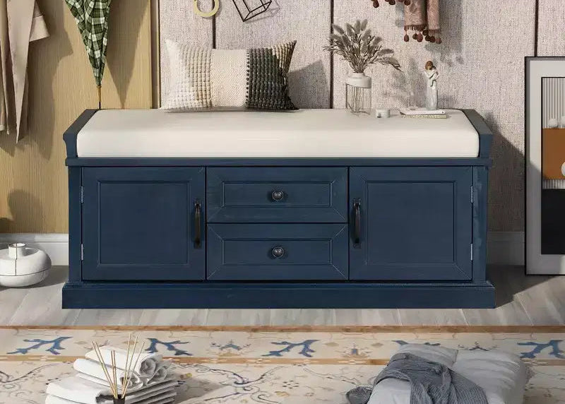 Banc de rangement avec tiroirs, armoires et coussin amovible