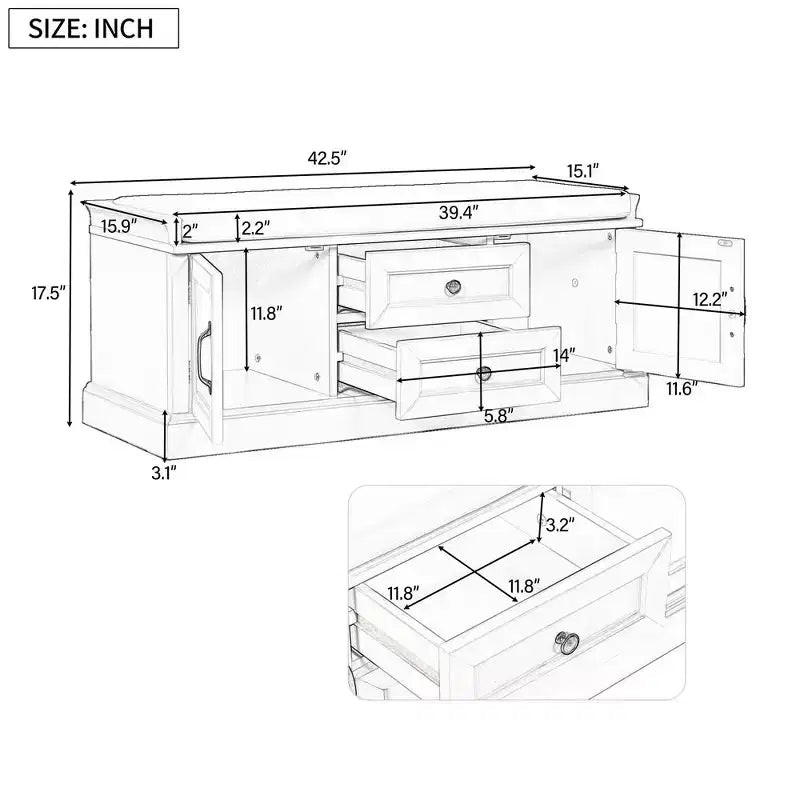 Banc de rangement avec tiroirs, armoires et coussin amovible