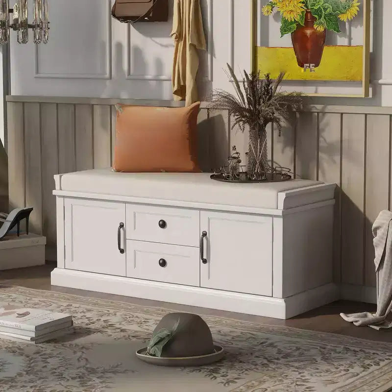 Banc de rangement avec tiroirs, armoires et coussin amovible