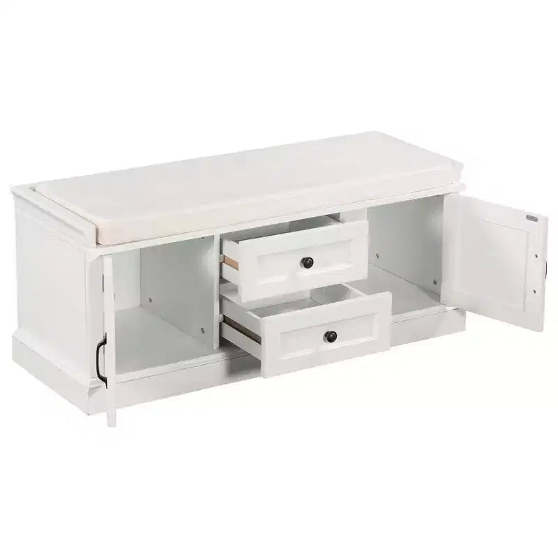 Banc de rangement avec tiroirs, armoires et coussin amovible